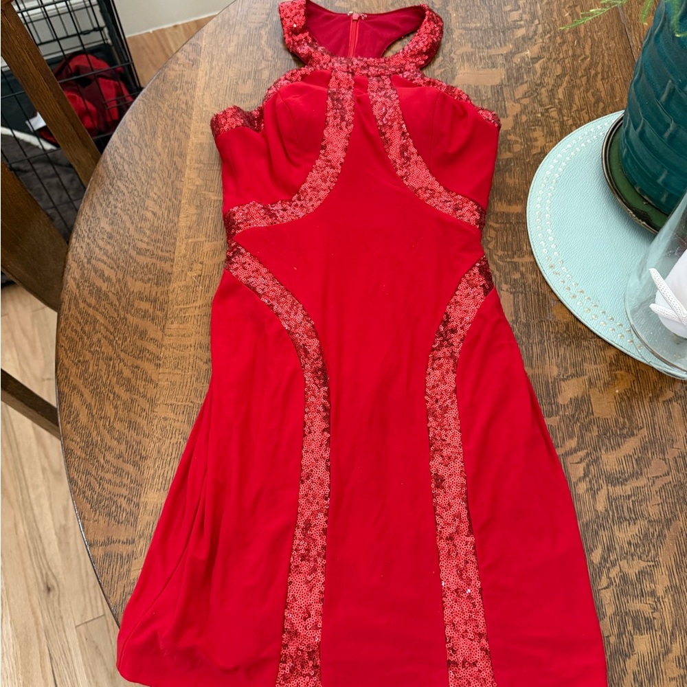 Faviana Red Backless Dress with Lace Accents Terry Costa